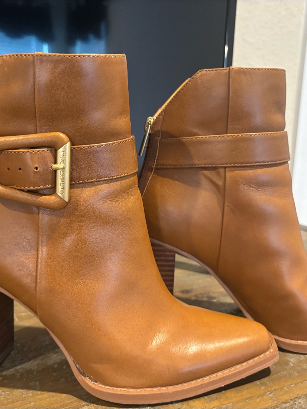 Vince Camuto Tan Leather Ankle Boots with Buckle